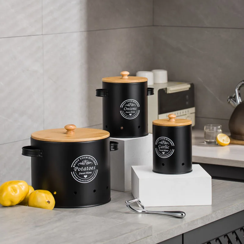Food Storage Jars With Wooden Lids - Metal Canisters Set of 3,Potatoes Onions