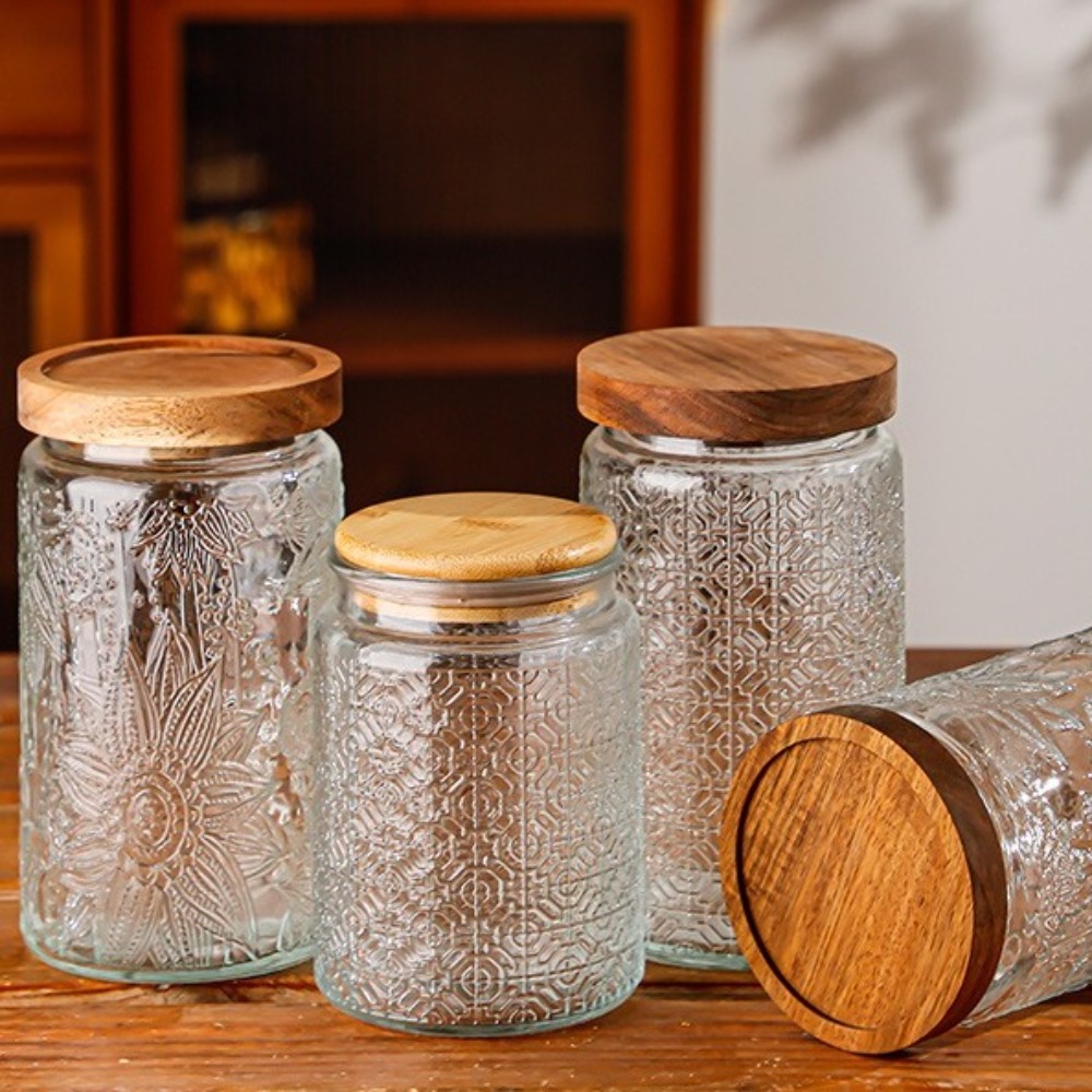 Food Storage Jars With Wooden Lids - 1000ML Storage Bottles Jars Embossed Pattern