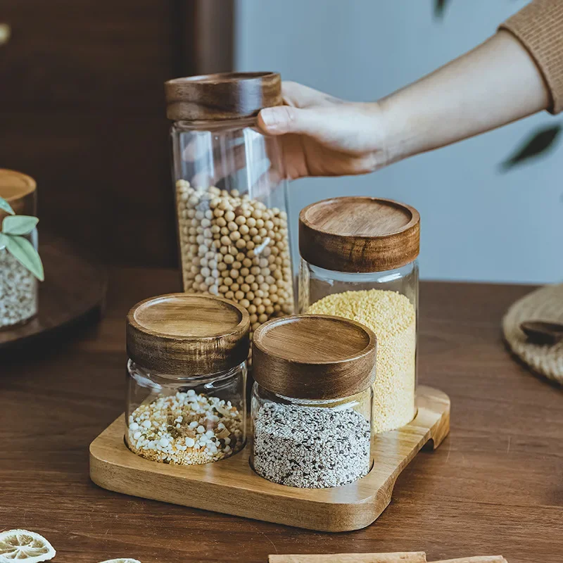 Food Storage Jars With Wooden Lids - Wood Lid Orgnizer Glass Airtight Canister