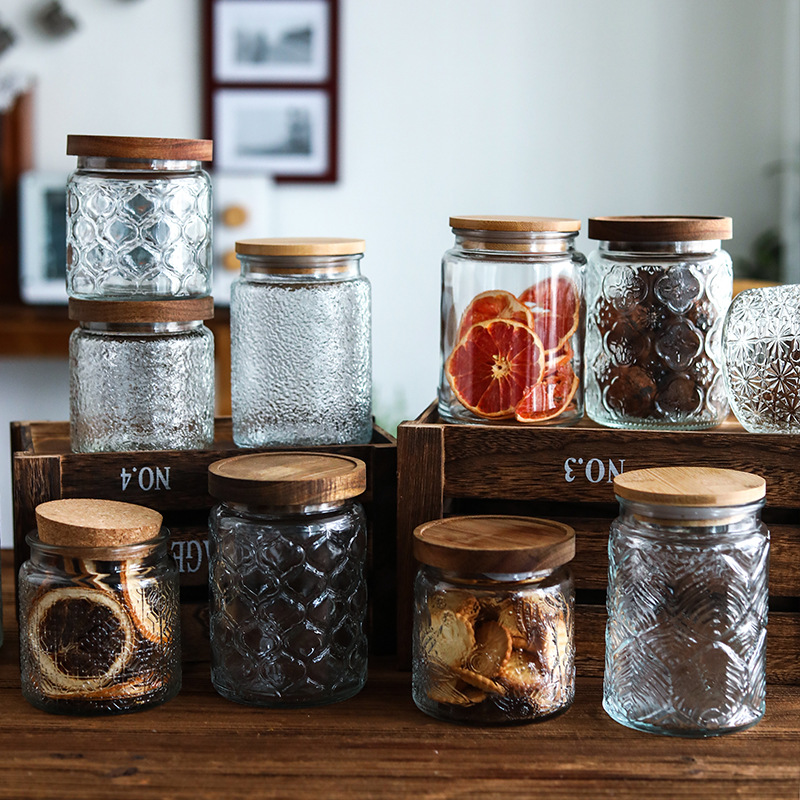 Vintage Relief Engraving Glass - đánh giá và giá Food Storage Jars With Wooden Lids