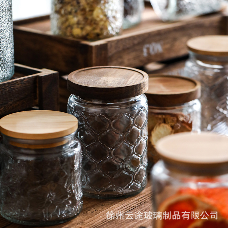 Vintage Relief Engraving Glass - đánh giá và giá Food Storage Jars With Wooden Lids
