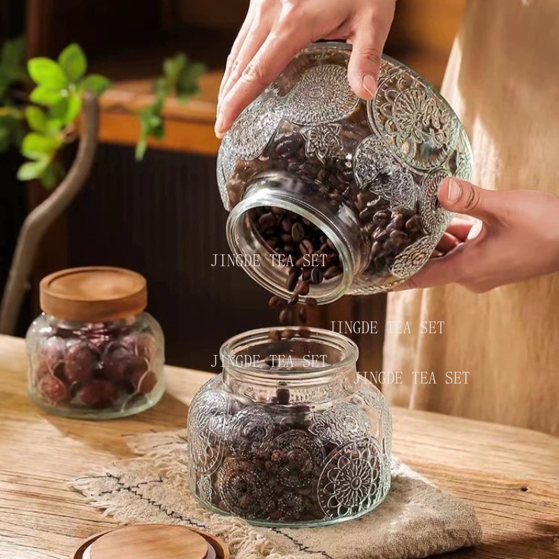 Embossed Glass Storage Jar Woo - đánh giá và giá Food Storage Jars With Wooden Lids